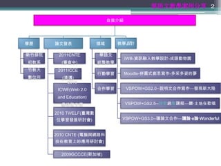華語文教學案例分享 2

                              自我介紹




學歷     論文發表              領域     教學設計

新竹師院    2011CNTE         華語文
                                     IWB-資訊融入教學設計-成語動物園
初教系      (審查中)           統整教學
竹教大     2011ICCE
                         行動學習        Moodle-拼圖式創思寫作-多采多姿的夢
數位所       (清邁)
            2010
        ICWE(Web 2.0     合作學習        VSPOW+GS2.0--說明文合作寫作—發現新大陸
        and Education)
         最佳論文獎                       VSPOW+GS2.5--詩歌統整課程—聽‧土地在歌唱

       2010 TWELF(臺灣數
       位學習發展研討會)                 VSPOW+GS3.0--議論文合作—議論‧e論‧Wonderful


       2010 CNTE (電腦與網路科
       技在教育上的應用研討會)

         2009GCCCE(新加坡)
 