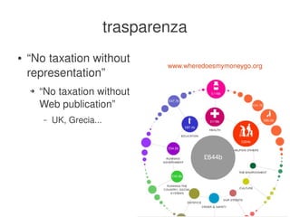 trasparenza
    ●   “No taxation without 
                                         www.wheredoesmymoneygo.org 
        representation”
        ➔   “No taxation without 
            Web publication”
            –   UK, Grecia...




                                      
 