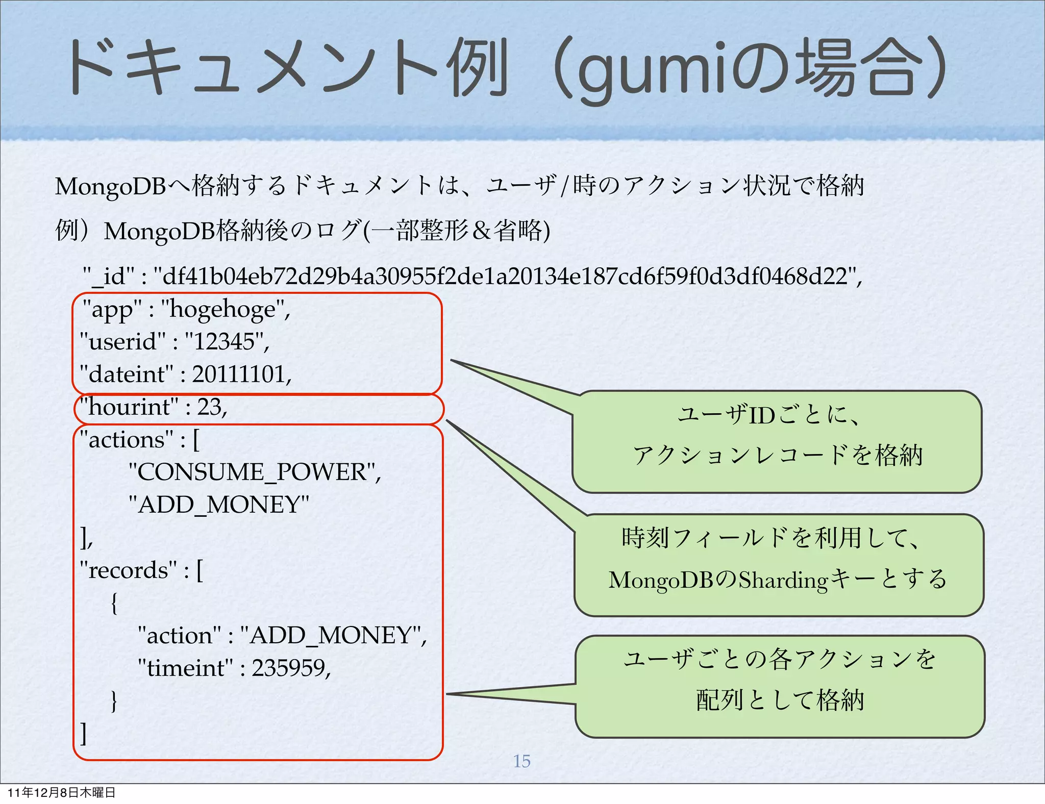 ドキュメント例（gumiの場合）
    MongoDBへ格納するドキュメントは、ユーザ/時のアクション状況で格納
    例）MongoDB格納後のログ(一部整形＆省略)
       "_id" : "df41b04eb72d29b4a30955f2de1a20134e187cd6f59f0d3df0468d22",
       "app" : "hogehoge",
       "userid" : "12345",
       "dateint" : 20111101,
       "hourint" : 23,                                    ユーザIDごとに、
       "actions" : [
                                                      アクションレコードを格納
            "CONSUME_POWER",
            "ADD_MONEY"
       ],                                            時刻フィールドを利用して、
       "records" : [                                MongoDBのShardingキーとする
          {
             "action" : "ADD_MONEY",
             "timeint" : 235959,                     ユーザごとの各アクションを
          }                                                 配列として格納
       ]
                                        15
11年12月8日木曜日
 
