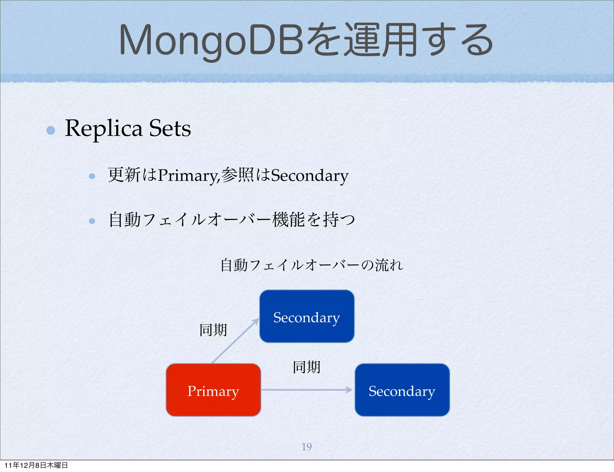 MongoDBを運用する

          Replica Sets
              更新はPrimary,参照はSecondary

              自動フェイルオーバー機能を持つ

                          自動フェイルオーバーの流れ


                               Secondary
                         同期

                                 同期
                     Primary               Secondary


                                  19
11年12月8日木曜日
 