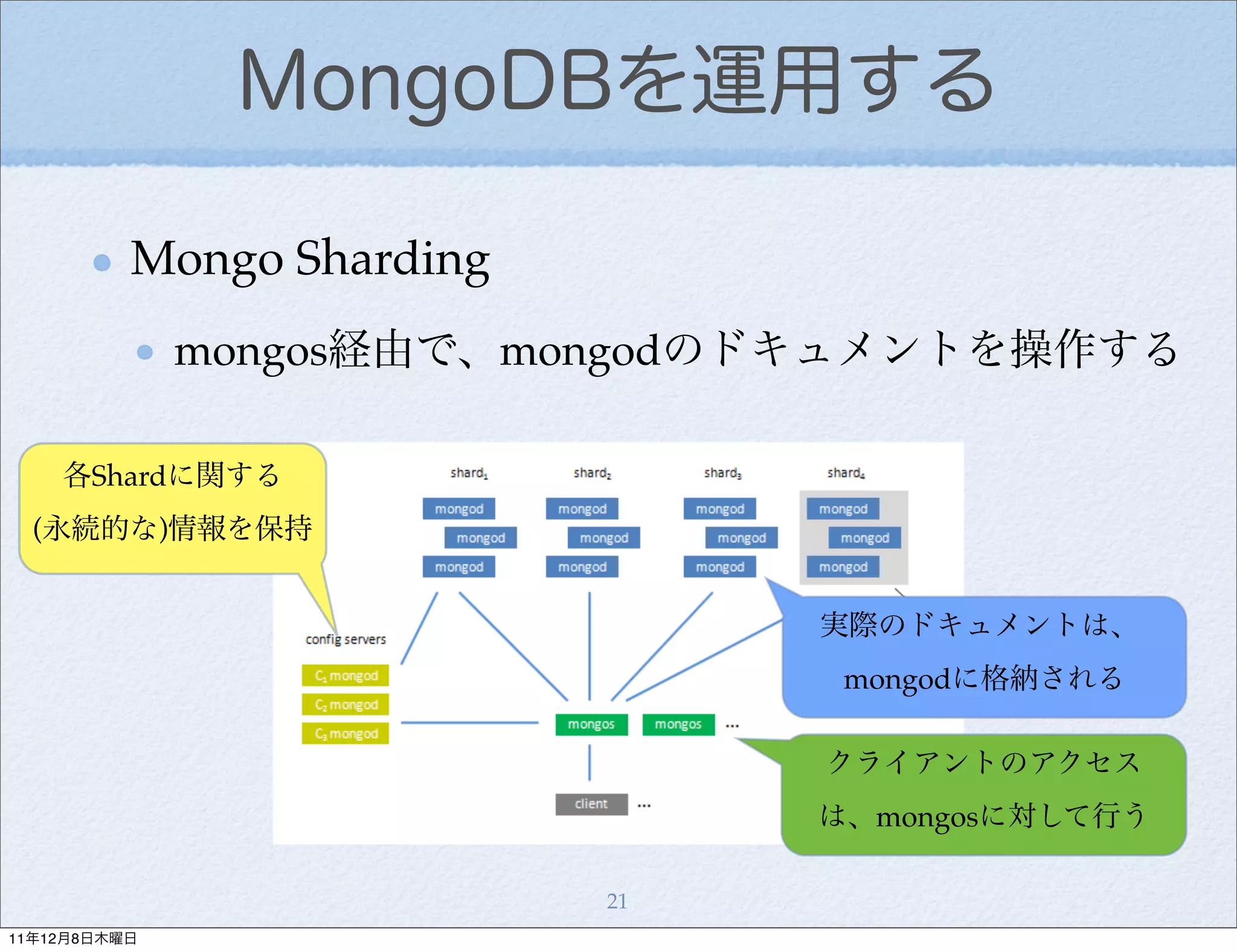 MongoDBを運用する

          Mongo Sharding
              mongos経由で、mongodのドキュメントを操作する

    各Shardに関する
  (永続的な)情報を保持


                                実際のドキュメントは、
                                 mongodに格納される

                                クライアントのアクセス
                                は、mongosに対して行う

                           21
11年12月8日木曜日
 