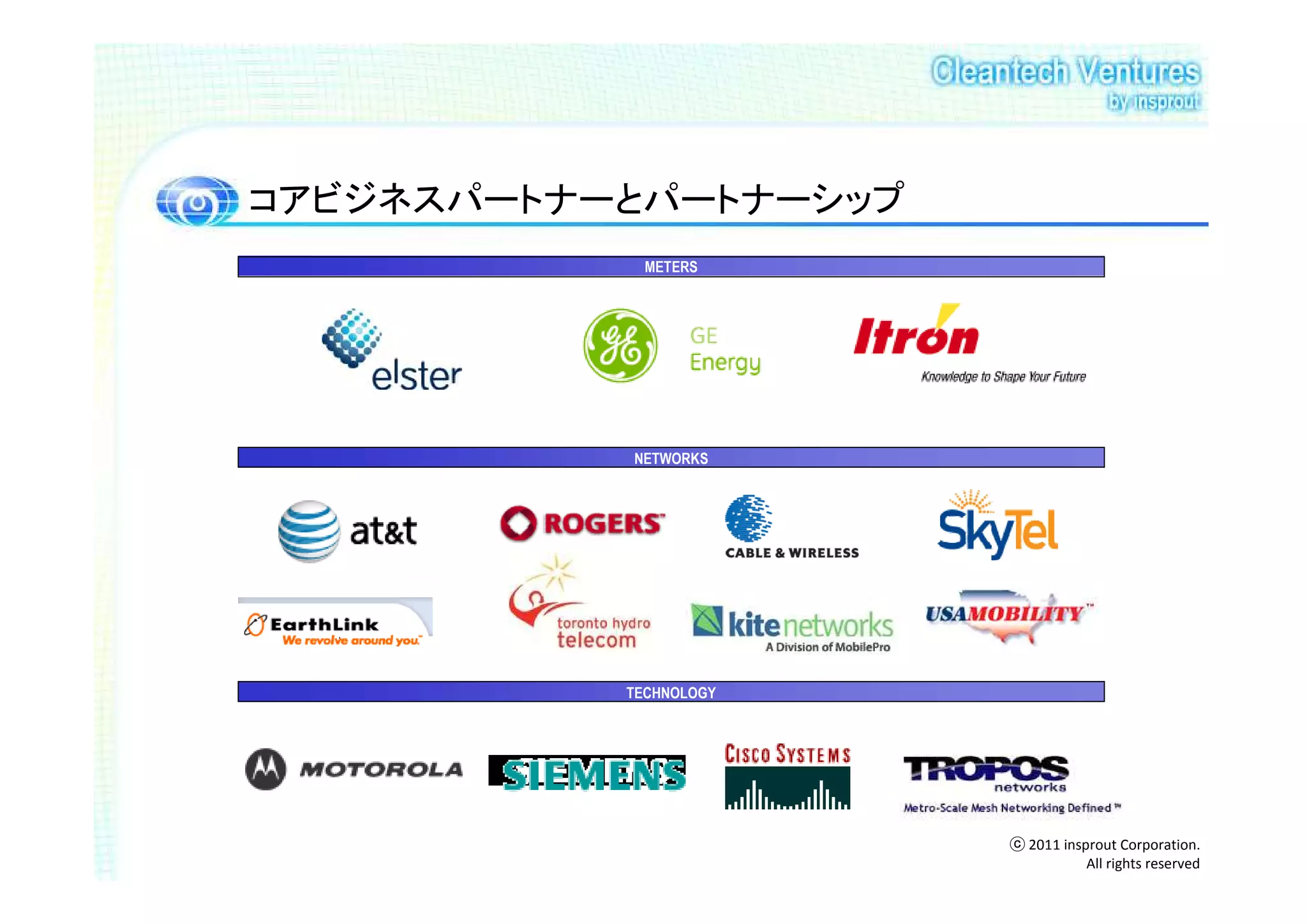 コアビジネスパートナーとパートナーシップ
             METERS




           NETWORKS




           TECHNOLOGY




                        ⓒ 2011 insprout Corporation.
                                   All rights reserved
 