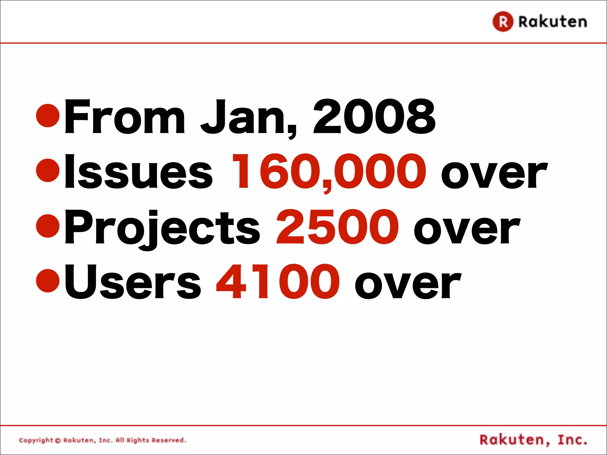 lFrom Jan, 2008
lIssues 160,000 over
lProjects 2500 over
lUsers 4100 over
 