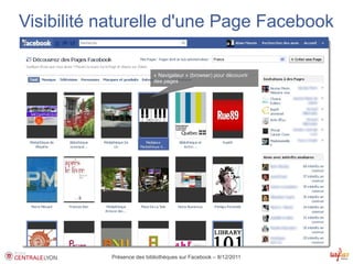 Visibilité naturelle d'une Page Facebook

                           « Navigateur » (browser) pour découvrir
                           des pages




           Présence des bibliothèques sur Facebook – 8/12/2011
 