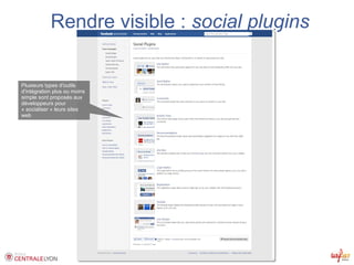 Rendre visible : social plugins


Plusieurs types d'outils
d'intégration plus ou moins
simple sont proposés aux
développeurs pour
« socialiser » leurs sites
web




                              Présence des bibliothèques sur Facebook – 8/12/2011
 