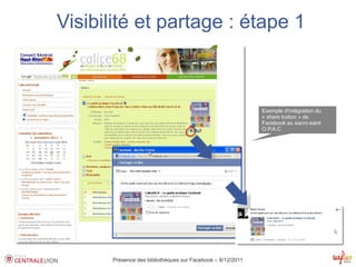 Visibilité et partage : étape 1



                                                             Exemple d'intégration du
                                                             « share button » de
                                                             Facebook au sacro-saint
                                                             O.P.A.C




       Présence des bibliothèques sur Facebook – 8/12/2011
 