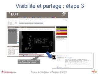 Visibilité et partage : étape 3




 Un « grain » de contenu de site
 avec un bouton « J'aime »




                   Présence des bibliothèques sur Facebook – 8/12/2011
 