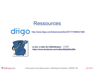 Ressources
         http://www.diigo.com/list/amarois/list-2011111809421386




          https://www.facebook.com/LeBacASableDesBib




Communiquer sur les réseaux sociaux : bibliothèques et Facebook – ENSSIB 11E8   24/11/2011
 