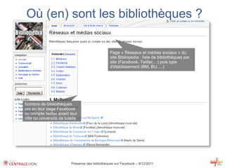 Où (en) sont les bibliothèques ?

                                                  Page « Réseaux et médias sociaux » du
                                                  site Bibliopedia : liste de bibliothèques par
                                                  site (Facebook, Twitter,...) puis type
                                                  d'établissement (BM, BU,....)




Nombre de bibliothèques
ont eu leur page Facebook
ou compte twitter avant leur
ville ou université de tutelle




                          Présence des bibliothèques sur Facebook – 8/12/2011
 