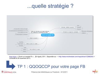 ...quelle stratégie ?




Boyer Karine. « Ouvrir un compte Fb » , [En ligne]. 2011. Disponible sur : < http://www.mindmeister.com/maps/show/123882553 >
(consulté le 29 novembre 2011)




           TP 1 : QQOQCCP pour votre page FB
                                 Présence des bibliothèques sur Facebook – 8/12/2011
 