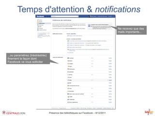 Temps d'attention & notifications

                                                                                        Ne recevez que des
                                                                                        mails importants...




...ou paramétrez (trèstrèstrès)
finement la façon dont
Facebook va vous solliciter




                                  Présence des bibliothèques sur Facebook – 8/12/2011
 
