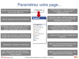Paramétrez votre page...
                                                                                   Publiez toujours, ou non, en tant que
Guides, liens vers des outils de promotion,
                                                                                     « votre page » ; activation des
          liaison avec twitter, etc.
                                                                                             notifications mails

                                                                                Visible/non visible ; restriction (âge, pays,
 Ajout et suppression des administrateurs                                       etc), comportement et ouverture du Mur ;
                                                                                        modération (liste de mots)


Applications utilisées sur la page. Natives :                                          « Informations pratiques » des
   Photos, Liens, Évènements, etc), et                                             bibliothèques (horaires, adresse, etc.)
  tierces. Paramétrages. URL directes                                                 Varient selon catégorie de page


 Adresse de courriel pour l'alimentation de                                     ...Image du profil...et surtout réglage de la
la page, liens vers les applications mobiles                                                    miniature !



                                                                                 Mettez en avant les administrateurs, des
...Statistiques...(utilisateurs, interactions)
                                                                                      pages favorites de votre page


 Lien vers la section de l'Aide Facebook :
                                                                                 Mettez en avant les administrateurs, des
Bases » Explorer les fonctions courantes »
                                                                                      pages favorites de votre page
             Pages Facebook
                                       Présence des bibliothèques sur Facebook – 8/12/2011
 