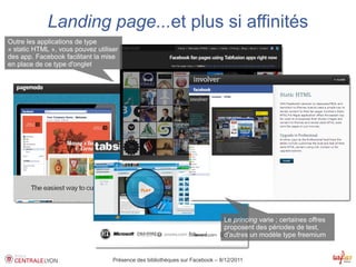 Landing page...et plus si affinités
Outre les applications de type
« static HTML », vous pouvez utiliser
des app. Facebook facilitant la mise
en place de ce type d'onglet




                                                                              Le princing varie ; certaines offres
                                                                              proposent des périodes de test,
                                                                              d'autres un modèle type freemium


                                   Présence des bibliothèques sur Facebook – 8/12/2011
 