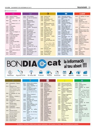 divendres 9 de desembre de 2011                                                                                                            televIsIÓ 15
PROGRAMACIÓ


06.00	 Noticias	24	horas.            06.00	 TVE	es	música.		             06.00	   Notícies	3/24.              06.00	 Videoclips	catalans           06.45	 El	 zapping	 de	 Surfe-
06.30	 Telediario	      matinal.	    07.00	 La	 ruta	 de	 Samarkan-      08.00	   Els	matins.                 06.10	 Documentals	 natura.	                 ros.
       (ST)                                 da.                          13.20	   El	gran	dictat.	(ST)               (ST)                          07.15	 O	el	perro	o	yo.
                                     07.30	 Documentals.                                                      11.00	 D’aquíd’allà.	(ST)            08.00	 Top	gear.
09.00	 Los	 desayunos	 de	                                               14.00	   Telenotícies	     comar-    12.00	 Sputnik.	(ST)
       TVE.                          09.30	 Aquí	hay	trabajo.	                    ques.	                      13.00	 Guerres	d’insectes.           10.15	 Alerta	Cobra.	(ST)
10.15	 La	 mañana	 de	 La	 1.	       10.00	 UNED.                        14.20	   El	medi	ambient.	(ST)       13.55	 Aventures	 a	 la	 natura-     	       Hasta que la muerte nos
       (ST)                          11.00	 Pueblo	de	Dios.              14.30	   Telenotícies	 migdia.	             lesa.	(ST)                            separe.
14.00	 L’informatiu.                 11.30	 Los	pueblos.                          (ST)                        14.45	 Urpes	i	bigotis.	(ST)                 Tina y Aysim.
14.30	 Corazón.                      12.00	 Grandes	 documenta-                                               14.00	 Vida	salvatge.	(ST)           12.30	 Las	 mañanas	 de	 Cua-
                                                                         15.40	   Cuines.	(ST)
                                            les.                                                              15.00	 Trasllats	colossals.                  tro.
15.00	 Telediario.                                                       15.50	   La	Riera.	(ST)	(N)          15.50	 Viatge	 al	 centre	 de	 la	
16.05	 El	tiempo.                    13.00	 Para	todos	La	2.             16.40	   Divendres.	(ST)                                                  14.00	 Noticias	Cuatro.	(ST)
                                                                                                                     Terra.	(ST)
16.15	 Amar	 en	 tiempos	 re-        14.40	 Documentals.                                                      16.40	 D’aquíd’allà.	(ST)            14.50	 Deportes	Cuatro.	(ST)
                                                                         18.30	   Julie	Lescaut.	(ST)
       vueltos.                      15.35	 Saber	y	ganar.	(ST)                                               17.30	 Quèquicom.	(ST)               15.50	 Castle.
                                                                         20.15	   Esport	Club.	(ST)
                                     16.00	 Documentals.                                                      18.30	 Com	funcionen	les	co-         	       El tesoro.
17.05	 La	fuerza	del	destino.                                            20.35	   Espai	Terra.	(ST)
                                     18.00	 Jara	y	sedal.                                                            ses.	(ST)                             Inventado a la chica.
18.10	 La	casa	de	al	lado.                                               21.00	   Telenotícies	 vespre.	
                                     18.25	 El	escarabajo	verde.                                              19.20	 Extremadura	 des	 de	         17.30	 Salta	a	la	vista.
19.00	 +Gente.	(ST)                                                               (ST)                               l’aire.	(ST)
                                     18.55	 Biodiario.                                                                                             18.30	 El	comecocos.
21.00	 Telediario	2.                                                     21.50	   Zona	zàping.                19.45	 La	 descoberta	 gastro-
                                     19.00	 En	movimiento.                                                                                         20.00	 Noticias	Cuatro.	(ST)
22.05	 El	tiempo.                                                        22.15	   La	gran	pel·lícula.	(ST)	          nòmica	de	Rick	Stein.	
                                     19.30	 Sala.                                                             20.50	 Cinc	cuiners	bascos.          20.45	 Deportes	Cuatro.	
22.15	 La	hora	de	José	Mota.                                                      (N)
                                     20.00	 L’informatiu.                                                     21.40	 GR	Pirineus.	(ST)             21.30		 El	líder	de	la	manada.
23.35	 Cinema.                       20.30	 Moments.                     	        Em dic Harvey Milk.	                                             22.45	 Callejeros.	
                                                                                                              22.10	 Thalassa.	(ST)
	      Mi vida es una ruina.         20.55	 Archivos	tema.                        Amb	Sean	Penn,	James	       22.55	 Millennium.	(ST)              	       Guardia de noche.
       Amb	 Aaron	 Eckhart,	         21.50	 La	 suerte	 en	 tus	 ma-              Franco,	 Emile	 Hirsch,	    00.00	 El	documental.	(ST)                   Taxi.
       Jessica	 Alba,	 Elizabeth	           nos.                                  Josh	Brolin.                	      Del vent al blau.                     Zona hermética.
       Banks.                        22.05	 Buscamundos.	(ST)            00.20	   Pel·lícula.	(ST)            01.05	 Paul	Merton	a	l’Índia.	       00.45	 Premios	 Principales	
01.10	 Ley	y	orden:	acción	cri-                                          	        20 centímetres.             01.50	 Paradisos	asiàtics.	(ST)
                                     23.00	 La	2	noticias.                                                    02.15	 Els	 Dom	 Tom	 vistos	                2011.
       minal.                        23.20	 Entre	dos	aguas.	(ST)        02.05	   Ventdelplà.	(ST)                                                 04.15	 Cuatro	astros.
                                                                                                                     des	del	cel.	(ST)
01.50	 TVE	es	música.                23.50	 Somos	cortos.                02.55	   Jazz	a	l’estudi.            02.30	 GR	Pirineus.	                 06.00	 Shopping
03.30	 Noticias	24	h.                00.25	 Metrópolis.                  05.00	   Notícies	3/24.              03.00	 Thalassa.	(ST)                06.30	 Puro	cuatro.




 BONDIA                                                                                  cat                                la informació
                                                                                                                            al teu abast !!!
                                                                                                                           23
                       Apunts d’Or




06.30	 Informativos	 Telecin-        06.15	 Noticias	de	la	mañana.       07.00	   Cafeïna.                    07.00	 laSexta	en	concierto.         06.55	   8	de	8.
       co.                           09.00	 Espejo	público.              07.50	   Tastafruita.                08.10	 Este	es	mi	barrio.	(ST)       07.25	   Catalunya	blues.
                                     12.00	 Karlos	 Arguiñano	 en	       08.00	   Club	Banyetes.              09.15	 Crímenes	 imperfectos.	       07.55	   Passaport.
07.15	 Matinal	de	cine.                                                  08.15	   Notícies	vespre.
                                            tu	cocina.                                                               (ST)                          08.20	   Ladrones	 de	 identi-
	      Navidades en el paraíso.	     12.30	 La	ruleta	de	la	suerte.	              Redifusió.                  09.45	 Crímenes	 imperfectos.	
       Amb Charlotte Ross,                                               09.00	   Bonus	music.                                                              dad.
                                     14.00	 Los	Simpson.	(ST)                                                        Estados	Unidos.
       Colin	Ferguson	i	Devon	       	      Hijos de un bruto menor.     10.30	   Televenda.                  10.15	 Crímenes	 imperfectos:	       	        Sèrie	 protagonitzada	
                                                                         11.00	   L’última	troballa.                                                        per	 Michael	 T.	 Weiss,	
       Werkheiser.                          La casa árbol del terror                                                 historias	 criminales.	
                                                                         11.30	   Peluts.                                                                   Andrea	 Parker,	 Patrick	
09.00	 El	 programa	 de	 Ana	               XX.                                                                      (ST)
                                                                         12.00	   Al	pot	petit.
       Rosa.                         15.00	 Antena	3	Noticias	1.                                              11.15	 Crímenes	 imperfectos:	                Bauchau,	 Jon	 Gries,	
                                                                         12.30	   Bad	music.
                                     15.40	 Deportes.                    13.00	   Freaky.                            Australia.	(ST)                        Ryan Merriman, Har-
12.45	 Mujeres	 y	 hombres	 y	
                                     16.00	 Tu	tiempo	con	Roberto	       13.15	   Al	ras.                     12.25	 Al	rojo	vivo.                          ve	 Pressnell,	 Pamela	
       viceversa.                           Brasero.                                                          13.55	 laSexta/noticias.	(ST)
                                                                         13.30	   Gaudeix	la	festa.                                                         Gidley.
14.30	 De	buena	ley.                 16.15	 Bandolera.	(ST)              14.00	   Notícies	migdia.            15.00	 laSexta	deportes.             09.00	   Televenda.
15.00	 Informativos	 Telecin-        17.15	 El	 secreto	 de	 Puente	     14.45	   Avui	mercat.                15.15	 laSexta	meteo.
                                                                                                                                                   11.00	   Passaport.
       co.	(ST)                             Viejo.	(ST)	                 15.00	   Cafeïna.                    15.30	 Bones.	(ST)
                                     18.30	 Ahora	caigo.                 16.00	   Notícies	migdia.            17.05	 Navy:	 investigación	         11.50	   Ladrones	 de	 identi-
15.45	 Sálvame	diario.
                                     19.45	 Atrapa	un	millón.	(ST)       16.45	   Mirades.                           criminal.                              dad.
	      Amb	Paz	Padilla.                                                  17.00	   Univers.                                                         12.30	   Inspector	Wolff.
                                     21.00	 Antena	3	Noticias	2.                                              19.55	 laSexta	noticias.	(ST)
20.00	 Pasapalabra.                  21.40	 Deportes.                    17.30	   Central	de	neu.             20.50	 laSexta	meteo.                13.25	   Arucitys.
21.00	 Informativos	 Telecin-        21.45	 El	tiempo.                   18.00	   Fanzivid.                   21.00	 laSexta	deportes.	            15.50	   S’ha	escrit	un	crim.	
       co.                           22.00	 Atrapa	 un	 millón.	     	   18.30	   Club	Banyetes.              21.30	 Navy:	 investigación	
                                                                         18.45	   Tastafruita.                                                     17.30	   McMillan	y	esposa.
22.00	 Sálvame	de	luxe.                     (ST)                                                                     criminal.	(ST)                19.00	   8	al	dia.
                                                                         19.00	   Fins	diumenge.
	      Espai	presentat	per	Jor-      00.15	 Equipo	 de	 investiga-                                            	      Salto de fe.                  22.00	   Sessió	XL.
                                                                         19.30	   Temporada	alta.
       ge	Javier	Vázquez.                   ción.                        20.00	   Notícies	vespre.                   Quimera.
                                                                                                                                                   	        Cleopatra. Amb Billy
                                     	      El nuevo timo de la es-      20.40	   El	temps.                          Réquiem.
02.30	 Locos	por	ganar.                                                                                                                                     Zane, Timothy Dalton,
                                            tampita.                     20.45	   Furgoaddictes.                     La guerra de plata.
03.30	 Más	que	coches.                      Impostores.                                                              Cambio.                                Rupert Graves, Leonor
                                                                         21.00	   Socarrats.
04.00	 En	concierto.                 02.30	 Adivina	 quien	 gana	        21.30	   Lleida	al	dia.                     La web del vouyer.                     Varela.
04.30	 Infocomerciales.                     esta	noche.                  23.00	   Notícies	vespre.            02.35	 Astro	TV.                     01.15	   Angel.
05.30	 Fusión	sonora.                05.00	 Únicos.                      23.45	   Yemaya.                     06.00	 Teletienda.                   01.55	   Clips.	


                         (E) Estéreo // (D) Dual // (VOS) Versió original subtitulada // (ST) Subtítol al Teletext // (N) Comentaris per invidents
 