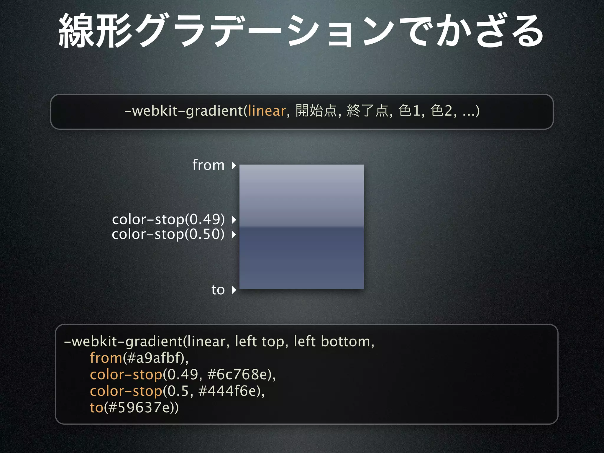 -webkit-gradient(linear,        ,        ,   1,   2, ...)


                   from ▸


       color-stop(0.49) ▸
       color-stop(0.50) ▸


                      to ▸


-webkit-gradient(linear, left top, left bottom,

  from(#a9afbf),

  color-stop(0.49, #6c768e),

  color-stop(0.5, #444f6e),

  to(#59637e))
 