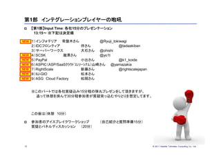 第1部 インテグレーションプレイヤーの咆吼
     【第1部】Input Time：各社15分のプレゼンテーション
       13:15～ ※下記は決定順

NEW   １）インフォテリア 常盤木さん                @Ryuji_tokiwagi
      ２）IDCフロンティア             伴さん              @tadaakiban
      ３）サーバーワークス              大石さん @ohishi
NEW   ４）SCSK         瀧澤さん            @yo1t
NEW   ５）PayPal                小出さん             @k1_koide
NEW   ６）ASPIC（ASP/SaaSｸﾗｳﾄﾞｺﾝｿｰｼｱﾑ）山崎さん @yamazakia
NEW   ７）RightScale            新藤さん             @rightscalejapan
NEW   ８）IIJ-GIO               松本さん
NEW   ９）ASG Cloud Factory     松岡さん


      ※このパートでは各社質疑込み15分程の弾丸プレゼンをして頂きますが、
       追って休憩を挟んで30分程参加者が質疑突っ込むやりとりを想定してます。



      この後は（休憩 10分）

     参加者のアイスブレイクワークショップ               （自己紹介と質問準備15分）
      質疑とパネルディスカッション （20分）




 19                                                               © 201１ Deloitte Tohmatsu Consulting Co., Ltd.
 
