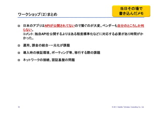 当日その場で
ワークショップ（２）まとめ                               書き込んだメモ


    日本のアプリはAPIが公開されてないので繋ぐのが大変。ベンダーも自分のところしか判
     らない。
     コメント：独自APIを公開するよりはある程度標準化などに対応する必要があり時間がか
     かった。

    運用、課金の統合・一元化が課題

    導入時の検証環境、ポーティング等、移行する際の課題

    ネットワークの接続、認証基盤の問題




30                                 © 201１ Deloitte Tohmatsu Consulting Co., Ltd.
 