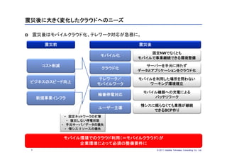 震災後に大きく変化したクラウドへのニーズ

   震災後はモバイルクラウド化、テレワーク対応が急務に。

          震災前                          震災後

                                           固定NWでなくとも
                              モバイル化
                                       モバイルで事業継続できる環境整備

         コスト削減                            サーバーを手元に持たず
                               クラウド化
                                       データとアプリケーションをクラウド化

                              テレワーク／   モバイルを利用した場所を問わない
    ビジネスのスピード向上                           ワーキング環境確立
                             モバイルワーク

                                        モバイル機器への充電による
                             輪番停電対応
        新規事業インフラ                           バッテリワーク

                                       情シスに頼らなくても業務が継続
                              ユーザー主導
                                           できるBCP作り
                   • 固定ネットワークの打撃
                    • 復旧しない停電状態
                 • 手元サーバ／データの損失
                   • 情シスリソースの損失

                 モバイル環境でのクラウド利用（＝モバイルクラウド）が
                     企業環境にとって必須の整備要件に
    6                                        © 201１ Deloitte Tohmatsu Consulting Co., Ltd.
 