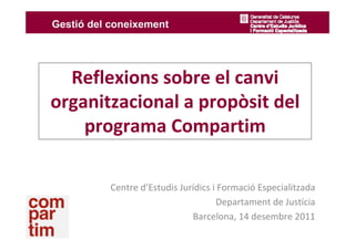 Reflexions sobre el canvi 
organitzacional a propòsit del 
    programa Compartim

       Centre d’Estudis Jurídics i Formació Especialitzada 
                                  Departament de Justícia
                           Barcelona, 14 desembre 2011
 