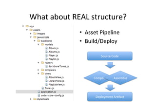 What	
  about	
  REAL	
  structure?	
  
                   •  Asset	
  Pipeline	
  
                   •  Build/Deploy	
  

                                 Source	
  Code	
  




                           Compile	
         Assemble	
  




                            Deployment	
  Ar?fact	
  
 