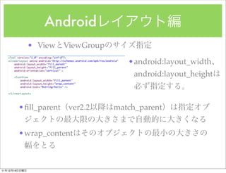 Android
                 ? View ViewGroup

                                         ?android:layout_width
                                           android:layout_height



               ??ll_parent   ver2.2   match_parent


               ?wrap_content



11   12   18
 