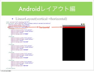 Android
               ? LinearLayout(verticalhorizontal)

                                horizontal




11   12   18
 
