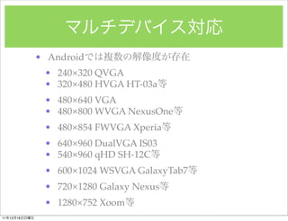 ? Android
                ? 240320 QVGA
                ? 320480 HVGA HT-03a
                ? 480640 VGA
                ? 480800 WVGA NexusOne
                ? 480854 FWVGA Xperia
                ? 640960 DualVGA IS03
                ? 540960 qHD SH-12C
                ? 6001024 WSVGA GalaxyTab7
                ? 7201280 Galaxy Nexus
                ? 1280752 Xoom
11   12   18
 