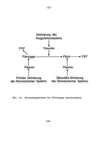 -27-




                       Aktivierung des
                       Koagulationssystems


      FSP
                                !
                            Thrombin

            "                   1
            Fibrinogen - - - - - - - - - . Fibrin ---II>" FSP
                                         ..

                l
             Plasmin
                                                 l
                                              Plasmin

                1
     Primare Aktivierung
                                                 f
                                          Sekundare Aktivierung
des fibrinolytischen Systems          des fibrinolytischen Systems




 Abb. 10:    Entstehungsschema der Fibrinogen Spaltprodukte




                              -28-
 