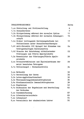 -3-




INHALTSVERZEICHNIS                                       Seite
1.00   Einleitung und Problemstellung                     4
1.10   Sexualhormone                                      7
1.20   Blutgerinnung wahl' end des normalen Zyklus       11
1.30   Blutgerinnung wahrend del' normal en Sohwanger-   14
       schaft
1.40   Bisher vorliegende Gerinnungsbefunde bei          17
       Patientinnen unter Sexualhormontherapie
1.41   Anti-Thrombin III Spiegel bei Einnahme von        20
       ~strogenhaltigen Kontrazeptiva
1.42   Ursache del' Entstehung zirkulierender            23
       Fibrinogen Und Fibrin Spaltprodukte
1.50   Nomenklatur der Fibrinogen/Fibrin Spalt-          28
       produkte
2.00   Potenzverhaltnisse und Aquivalentdosen del'       29
       meist benutzten ~strogene
2.10   Patientengut - Normalkontrolle                    30

3000   Methodilt                                         32
3.10   Herstellung del' Seren                            32
3.20   Latex-Agglutinationstest                          32
3.30   Uberwanderungsimmunelektrophorese                 34
3.40   Eindimensionelle Immunelektrophorese              38
4.00   Ergebnisse                                        42
4.10   Diskussion del' Ergebnisse und Beurteilung        62
       del' Methoden
5.00   Zusammenfassung                                   67
6.00   Literaturverzeiohnia                              69
7.00   Lebenslauf                                        75
8.00   Verzeiohnis del' altademiaohen Lehrer             76
 