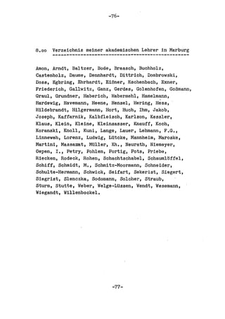 -76-




8.00   Verzeichnis meiner akademischen Lehrer in Marburg


Amon, Arndt, Baltzer, Bode, Braasch, Buchholz,
Castenholz, Daume, Dennhardt, Dittrich, Dombrowski,
Doss, Egbring, Ehrhardt, EiBner, Eschenbach, Exner,
Friederich, Gallwitz, Ganz, Gerdes, Golenhofen, GoBmann,
Graul, Grundner, Haberich, Habermehl, Hamelmann,
Hardewig, Havemann, Heene, Hensel, Hering, Hess,
Hildebrandt, Hilgermann, Hort, Huch, Ihm, Jakob,
Joseph, Kaffarnik, Kalbfleisch, Karlson, Kessler,
Klaus, Klein, Kleine, Kleinsasser, Knauff, Koch,
Koranski, Knoll, Kuni, Lange, Lauer, Lehmann, F.G.,
Linneweh, Lorenz, Ludwig, LUtcke, Mannheim, Maroske,
Martini, Massanat, MUller, Kh., Neurath, Niemeyer,
Oepen, I., Petry, Pohlen, Portig, Pots, Priebe,
Riecken, Rodeck, Rohen, Schachtschabel, Schaumloffel,
Schiff, Schmidt, M., Schmitz-Moormann, Schneider,
Schulte-Hermann, Schwick, Seifart, Sekerist, Siegert,
Siegrist, Slenczka, Sodomann, Solcher, Straub,
sturm, Stutte, Weber, Welge-LUssen, Wendt, Wesemann,
Wiegandt, Willenbockel.




                            -77-
 
