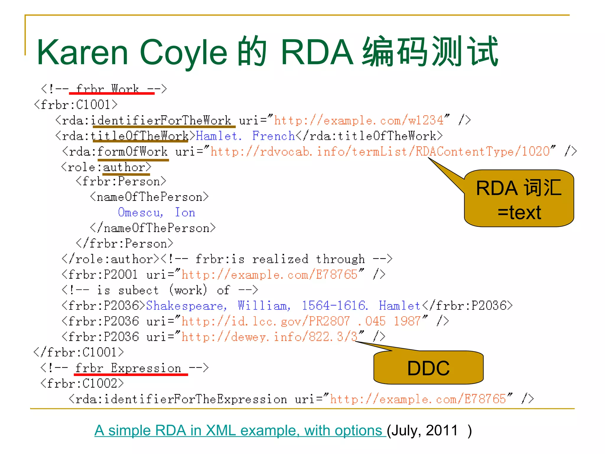 Karen Coyle 的 RDA 编码测试 A simple RDA in XML example, with options  (July, 2011 ） RDA 词汇 =text DDC 