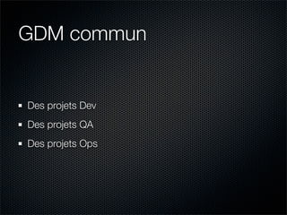 GDM commun


Des projets Dev
Des projets QA
Des projets Ops
 