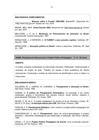 21
BIBLIOGRAFIA COMPLEMENTAR
_______________. Balanço sobre o Fundef 1998-2000. Brasília/DF: Disponível em:
<http://www.mec.gov.br> Acesso em: nov. 2010.
BRASIL. MEC. INEP. Censo Escolar 2002. Disponível em: http://www.inep.gov.br Acesso
em: dez. 2010.
MELCHIOR, J. C. de A. Mudanças no financiamento da educação no Brasil.
Campinas/SP: Autores Associados, 1997.
MONLEVADE, J. e FERREIRA, E. O FUNDEF e seus pecados capitais. Ceilândia, DF:
Idea Ed., 1998.
MONLEVADE, J. Educação pública no Brasil: contos e descontos. Ceilândia, DF: Idea
Ed., 1997.
NOME: Planejamento Educacional e Projeto Político-Pedagógico C. H.: 30 horas
EMENTA
O projeto enquanto antecipação da intervenção educativa. Elaboração, implementação e
avaliação de projeto de ação. Trabalho em equipe e tipos qualitativos de líderes
educacionais. Construção e análise de instrumentos de planificação a curto, a médio e a
longo prazo.
BIBLIOGRAFIA BÁSICA
CALAZANS, M. J.; GARCIA, W.; KUENZER, A. Planejamento e educação no Brasil.
São Paulo: Cortez, 1990.
GANDIN, D. A prática do Planejamento Participativo: na educação e em outras
instituições, grupos e movimentos dos campos cultural, social, político, religioso e
governamental. Petrópolis, RJ: Vozes, 1995.
NEVES, C. M. de C. O projeto pedagógico da escola na lei de diretrizes e bases. IN:
SILVA, E. B. (Org.). A educação básica pós-LDB. São Paulo: Pioneira, 1998
PADILHA, P. R. Planejamento Dialógico: como construir o projeto político-pedagógico da
escola. Editora Cortez e IPF, 2001.
VASCONCELOS, C. dos S. Planejamento: plano de ensino-aprendizagem e projeto
educativo – elementos metodológicos para elaboração e realização. São Paulo: Libertad,
1995.
VEIGA, I. P. de O. Projeto Político Pedagógico da Escola: Uma construção possível.
Campinas, SP. Ed. Papirus, 1995.
 