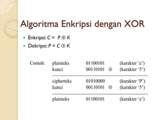 Algoritma Enkripsi dengan XOR
 Enkripsi: C = P  K
 Dekripsi: P = C  K
Contoh: plainteks 01100101 (karakter ‘e’)
kunci 00110101  (karakter ‘5’)
cipherteks 01010000 (karakter ‘P’)
kunci 00110101  (karakter ‘5’)
plainteks 01100101 (karakter ‘e’)
 