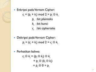 17
 Enkripsi padaVernam Cipher:
ci = (pi + ki) mod 2 = pi  ki
pi : bit plainteks
ki : bit kunci
ci : bit cipherteks
 Dekripsi padaVernam Cipher:
pi = (ci + ki) mod 2 = ci  ki
 Perhatikan bahwa
ci  ki = (pi  ki)  ki
= pi  (ki  ki)
= pi  0 = pi
 