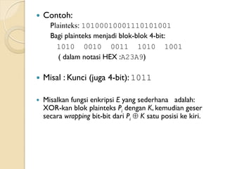  Contoh:
Plainteks: 10100010001110101001
Bagi plainteks menjadi blok-blok 4-bit:
1010 0010 0011 1010 1001
( dalam notasi HEX :A23A9)
 Misal : Kunci (juga 4-bit): 1011
 Misalkan fungsi enkripsi E yang sederhana adalah:
XOR-kan blok plainteks Pi dengan K, kemudian geser
secara wrapping bit-bit dari Pi  K satu posisi ke kiri.
 
