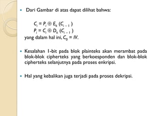  Dari Gambar di atas dapat dilihat bahwa:
Ci = Pi  Ek (Ci – 1 )
Pi = Ci  Dk (Ci – 1 )
yang dalam hal ini, C0 = IV.
 Kesalahan 1-bit pada blok plainteks akan merambat pada
blok-blok cipherteks yang berkoesponden dan blok-blok
cipherteks selanjutnya pada proses enkripsi.
 Hal yang kebalikan juga terjadi pada proses dekripsi.
 