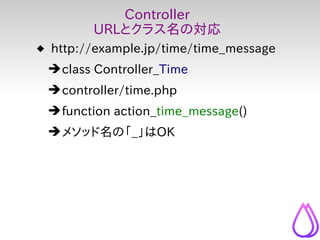 Controller
        URLとクラス名の対応
 http://example.jp/time/time_message
 ➔ class Controller_Time
 ➔ controller/time.php
 ➔ fu...