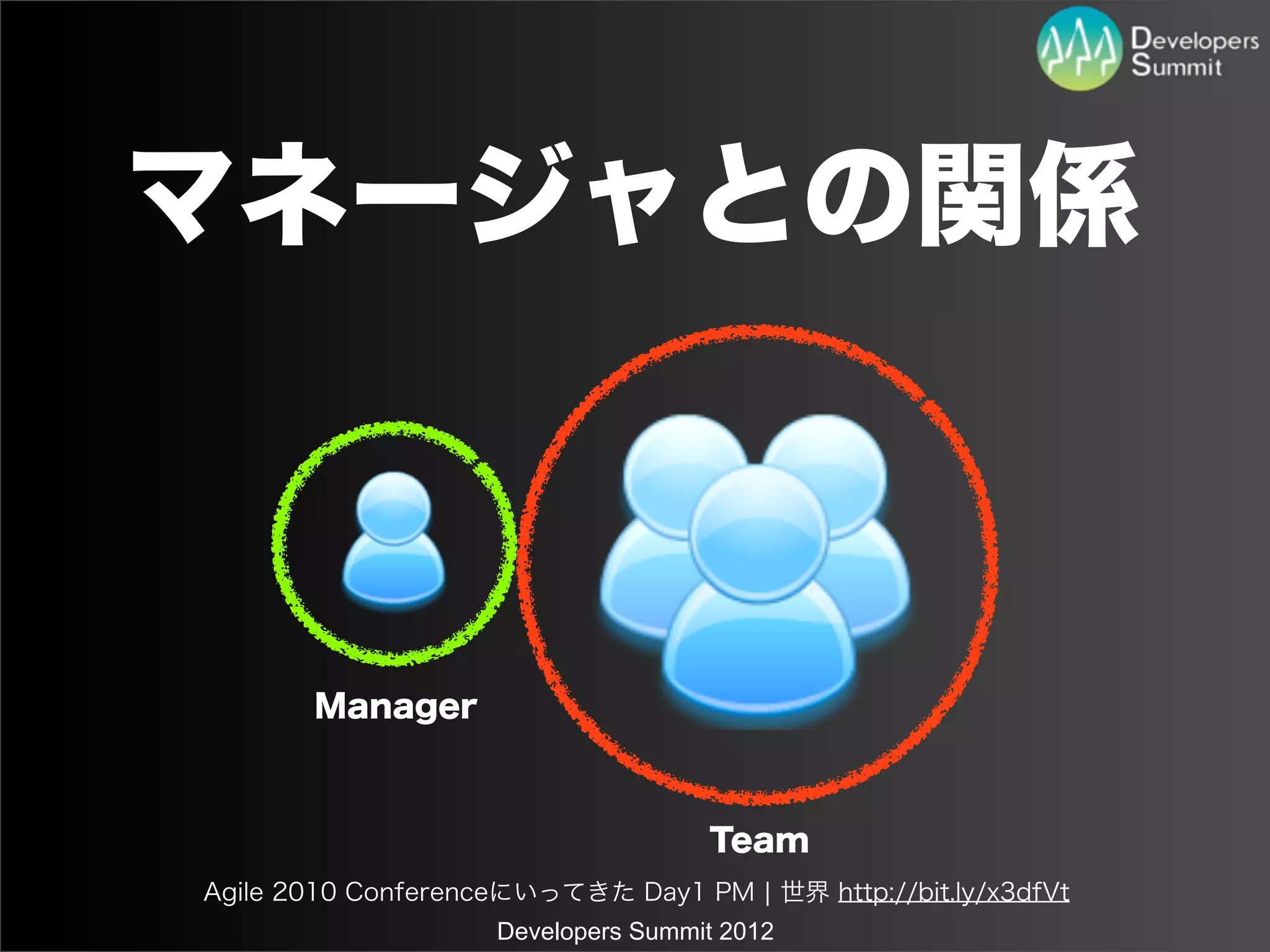 マネージャとの関係



       Manager



                                    Team
Agile 2010 Conferenceにいってきた Day1 PM ¦ 世界 http://bit.ly/x3dfVt
                    Developers Summit 2012
 