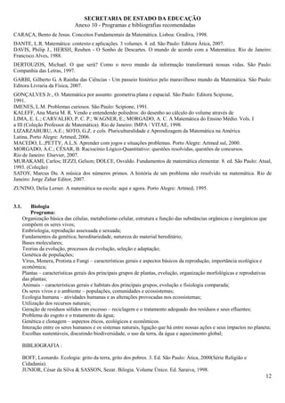 SECRETARIA DE ESTADO DA EDUCAÇÃO
                               Anexo 10 - Programas e bibliografias recomendadas
CARAÇA, Bento de Jesus. Conceitos Fundamentais da Matemática. Lisboa: Gradiva, 1998.
DANTE, L.R. Matemática: contexto e aplicações. 3 volumes. 4. ed. São Paulo: Editora Ática, 2007.
DAVIS, Philip J., HERSH, Reuben - O Sonho de Descartes. O mundo de acordo com a Matemática. Rio de Janeiro:
Francisco Alves, 1988.
DERTOUZOS, Michael. O que será? Como o novo mundo da informação transformará nossas vidas. São Paulo:
Companhia das Letras, 1997.
GARBI, Gilberto G. A Rainha das Ciências - Um passeio histórico pelo maravilhoso mundo da Matemática. São Paulo:
Editora Livraria da Física, 2007.
GONÇALVES Jr., O. Matemática por assunto: geometria plana e espacial. São Paulo: Editora Scipione,
1991.
IMENES, L.M. Problemas curiosos. São Paulo: Scipione, 1991.
KALEFF, Ana Maria M. R. Vendo e entendendo poliedros: do desenho ao cálculo do volume através de
LIMA, E. L.; CARVALHO, P. C. P.; WAGNER, E.; MORGADO, A. C. A Matemática do Ensino Médio. Vols. I
a III (Coleção Professor de Matemática). Rio de Janeiro: IMPA / VITAE, 1998.
LIZARZABURU, A.E.; SOTO, G.Z. e cols. Pluriculturalidade e Aprendizagem da Matemática na América
Latina. Porto Alegre: Artmed, 2006.
MACEDO, L.;PETTY, A.L.S. Aprender com jogos e situações problemas. Porto Alegre: Artmed sul, 2000.
MORGADO, A.C.; CÉSAR, B. Raciocínio Lógico-Quantitativo: questões resolvidas, questões de concursos.
Rio de Janeiro: Elsevier, 2007.
MURAKAMI, Carlos; IEZZI, Gelson; DOLCE, Osvaldo. Fundamentos de matemática elementar. 8. ed. São Paulo: Atual,
1993. (Coleção)
SATOY, Marcus Du. A música dos números primos. A história de um problema não resolvido na matemática. Rio de
Janeiro: Jorge Zahar Editor, 2007.
ZUNINO, Delia Lerner. A matemática na escola: aqui e agora. Porto Alegre: Artmed, 1995.


3.1.       Biologia
           Programa:
       Organização básica das células, metabolismo celular, estrutura e função das substâncias orgânicas e inorgânicas que
       compõem os seres vivos;
       Embriologia, reprodução assexuada e sexuada;
       Fundamentos da genética; hereditariedade, natureza do material hereditário;
       Bases moleculares;
       Teorias da evolução, processos da evolução, seleção e adaptação;
       Genética de populações;
       Vírus, Monera, Protista e Fungi – características gerais e aspectos básicos da reprodução, importância ecológica e
       econômica;
       Plantas – características gerais dos principais grupos de plantas, evolução, organização morfológicas e reprodutivas
       das plantas;
       Animais – características gerais e habitats dos principais grupos, evolução e fisiologia comparada;
       Os seres vivos e o ambiente – populações, comunidades e ecossistemas;
       Ecologia humana – atividades humanas e as alterações provocadas nos ecossistemas;
       Utilização dos recursos naturais;
       Geração de resíduos sólidos em excesso – reciclagem e o tratamento adequado dos resíduos e seus efluentes;
       Problema do esgoto e o tratamento da água;
       Genética e clonagem – aspectos éticos, ecológicos e econômicos.
       Interação entre os seres humanos e os sistemas naturais, ligação que há entre nossas ações e seus impactos no planeta;
       Escolhas sustentáveis, discutindo biodiversidade, o uso da terra, da água e aquecimento global;

       BIBLIOGRAFIA :

       BOFF, Leonardo. Ecologia: grito da terra, grito dos pobres. 3. Ed. São Paulo: Ática, 2000(Série Religião e
       Cidadania).
       JUNIOR, César da Silva & SASSON, Sezar. Bilogia. Volume Único. Ed. Saraiva, 1998.
                                                                                                                          12
 
