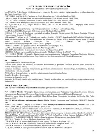 SECRETARIA DE ESTADO DA EDUCAÇÃO
                            Anexo 10 - Programas e bibliografias recomendadas
MARRA, Célia A. dos Santos. Violência escolar- a percepção dos atores escolares e a repercussão no cotidiano da escola.
São Paulo: Annablume, 2007.
CARVALHO, José Murilo de. Cidadania no Brasil. Rio de Janeiro: Civilização Brasileira, 2008.
LARAIA, Roque de Barros.Cultura: um conceito antropológico. 23 ed. Rio de Janeiro: Zahar, 2009.
COSTA, Cristina. Sociologia: introdução à ciência da sociedade. São Paulo: Moderna, 1997.
DURKHEIM, Émile. As regras do método sociológico. São Paulo: Martins Fontes, 1995.
BUARQUE DE HOLANDA, Sérgio. Raízes do Brasil. 18ª. ed. Rio de Janeiro: José                   Olympio, 1986. Editora
Brasiliense,1973.
WEBER, Max. A ética protestante e o espírito do capitalismo. São Paulo> Martin Claret, 2002.
MARX, Karl; ENGELS, Friedriech. A ideologia alemã. São Paulo: Hucitec, 1984.
ENGELS, F. A origem da família, da propriedade privada e do estado. Rio de Janeiro: Civilização Brasileira (Coleção
Perspectivas do Homem, 99) , 1975.
ABRAMOVAY, Miriam et al. Violência nas escolas. Brasília: UNESCO, Coordenação DST/AIDS do Ministério da
Saúde, Secretaria de Estado dos Direitos Humanos do Ministério da Justiça, CNPq, Instituto Ayrton Senna, UNAIDS,
Banco       Mundial,       USAID,       Fundação      Ford,      CONSED,         UNDIME,        2002.      Disponível:
http://unesdoc.unesco.org/images/0012/001287/128717por.pdf
FREYRE, Gilberto. Casa-grande e senzala. Rio de Janeiro: José Olympio, 1973.
IANNI, O. Sociologia e sociedade no Brasil. SP, Alfa-Ômega, 1975.
OLIVEIRA, Pérsio Santos de. Introdução à sociologia. São Paulo: Ática, 2000.
GIDDENS, Anthony. As conseqüências da modernidade. São Paulo: Editora da UNESP, 1991.
PCN- ENSINO MÉDIO -Orientações Educacionais complementares aos Parâmetros Curriculares Nacionais- Ciências
Humanas e suas Tecnologias Disponível: http://portal.mec.gov.br/seb/arquivos/pdf/CienciasHumanas.pdf

4.4.     Filosofia
Origens da Filosofia- histórico-definição;
Filosofia como criação de conceitos; os conceitos fundamentais; o problema filosófico; filosofia como exercício de
análise, investigação e crítica;
Correntes filosóficas: idealismo, materialismo, positivismo, existencialismo, fenomenologia, hermenêutica, dialética,
estruturalismo e pós-modernidade;
A Filosofia na América Latina e as questões relacionadas ao inter/multiculturalismo;
Relações de poder e democracia;
A construção do sujeito moral;
As teorias da Filosofia da educação; os objetivos da Filosofia na educação e sua contribuição para o desenvolvimento do
senso crítico.

BIBLIOGRAFIA SUGERIDA
Obs. Deve ser verificada a disponibilidade das obras para acesso dos interessados

PCN- ENSINO MÉDIO -Orientações Educacionais complementares aos Parâmetros Curriculares Nacionais- Ciências
Humanas e suas Tecnologias Disponível: http://portal.mec.gov.br/seb/arquivos/pdf/CienciasHumanas.pdf
ARANHA, Maria Lúcia de Arruda; MARTINS, Maria Helena Pires. Filosofando, introdução à Filosofia. São Paulo:
Moderna, 1993.
BRASIL. Orientações curriculares para o Ensino Médio. Ciências Humanas e suas Tecnologias. MEC/SEB, Brasília,
2008.
BUFFA, Ester. ARROYO, Miguel G. NOSELLA, Paolo. Educação e cidadania: quem educa o cidadão? 5ª ed. – São
Paulo: Cortez, 1995. (Coleção questões da nossa época; v. 19)
CHÂTELET, François. História da Filosofia, idéias, doutrinas – o século XX. Rio de Janeiro: Zahar , s/d,8 volumes.
CHAUÍ, Marilena. Convite à Filosofia. São Paulo: Ática, 1995.
.MINISTÉRIO DA EDUCAÇÃO. Parâmetros Curriculares Nacionais para o Ensino Médio. Brasília: Secretaria de
Educação Média e Tecnológica (Semtec/MEC), 1999. PLATÃO. A República. Lisboa: Calouste Gulbekian, 9ª ed. 2001.
ADORNO, T. W; HORKHEIMER, M. Dialética do esclarecimento. Rio de Janeiro: Jorge Zahar, 1985.
ALVES, R. Filosofia da ciência. São Paulo: Brasiliense, 1993.
CORBISIER, R. C. A. Introdução à filosofia. Rio de Janeiro: Civilização Brasileira, 1983.
GALLO, S.; KOHAN, W. O. Organização: filosofia no ensino médio. Petrópolis: Vozes, 2000.
JASPER, K. Introdução ao pensamento filosófico. São Paulo: Cultrix, 1988.
MARCUSE, Herbert. A ideologia da sociedade industrial. 4 ed. Rio de Janeiro: Zahar,1973.
                                                                                                                    16
 