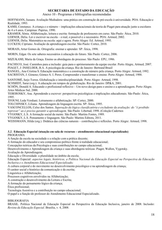 SECRETARIA DE ESTADO DA EDUCAÇÃO
                           Anexo 10 - Programas e bibliografias recomendadas
HOFFMANN, Jussara. Avaliação Mediadora: uma prática em construção da pré-escola à universidade. POA: Educação e
Realidade, 1993.
KAMII, Constance. A criança e o número – implicações educacionais da teoria de Piaget para atuação junto a escolares
de 4 a 6 anos. Campinas: Papirus, 1990.
KRAMER, Sônia. Alfabetização, leitura e escrita: formação de professores em curso. São Paulo: Ática, 2010.
LERNER, Delia. Ler e escrever na escola – o real, o possível e o necessário. POA: Artmed, 2002.
LERNER, Delia. Matemática na escola: aqui e agora. Porto Alegre: Ed. Artmed, 1995.
LUCKESI, Cipriano. Avaliação da aprendizagem escolar. São Paulo: Cortez, 2010.
MORAIS, Artur Gomes de. Ortografia: ensinar e aprender. SP: Ática, 1998.
MORIN, Edgar. Os sete saberes necessários à educação do futuro. São Paulo: Cortez, 2006.
MIZUKAMI, Maria da Graça. Ensino as abordagens do processo. São Paulo: EPU, 1986.
PACHECO, José. Caminhos para a inclusão: guia para o aprimoramento da equipe escolar. Porto Alegre, Artmed, 2007.
PIAGET, J: INHELDER, B.A. A psicologia da criança. Rio de Janeiro: Bertrand Brasil
RANGEL, Ana Cristina S. Educação matemática e a construção do número pela criança. Porto Alegre: Artmed, 1992.
SACRISTAN, J. Gimeno; Gómez A. I. Peres. Compreender e transformar o ensino. Porto Alegre: Artmed, 1988.
SANTOMÉ, Iurjo Torres. Globalização e interdisciplinaridade. Porto Alegre: Artmed, 1998.
SCHMIDT, Sarai (org.). A educação em tempos de globalização. Rio de Janeiro: DP&A, 2001.
SCHÖN, Donald A. Educando o profissional reflexivo – Um novo design para o ensino e a aprendizagem. Porto Alegre.
Artes Médicas Sul, 2000.
TEBEROSKY, Ana. Aprendendo a escrever: perspectivas psicológicas e implicações educadionais. São Paulo: Ática,
1995.
TFOUNI, Leda Verdiani. Letramento e alfabetização. SP: Cortez, 2000.
TOLCHINSKY, Liliana. Aprendizagem da linguagem escrita. SP: Ática, 1995.
VASCONCELLOS, Celso dos Santos. Superação da lógica classificatória e excludente da avaliação: do “é proibido
reprovar” ao é preciso garantir a aprendizagem. São Paulo: Libertad, 1998. (Coleção Cadernos
VYGOSKY, L.S. A formação social da mente. São Paulo: Martins Fontes, 1989.
VYGOSKY, L.S. Pensamento e linguagem. São Paulo: Martins Editora, 2011.
WEISSMANN, Hilda (org.). Didática das ciências naturais – contribuições e reflexões. Porto Alegre: Artmed, 1998.


5.2. Educação Especial (atuação em sala de recursos – atendimento educacional especializado)
PROGRAMA
A função da escola na sociedade e a relação com a prática docente;
A formação do educador e seu compromisso político frente à realidade educacional;
Concepções teóricas da Psicologia e suas contribuições no campo educacional;
Desenvolvimento e Aprendizagem da criança e suas abordagens teóricas: Piaget, Wallon, Vygotsky.
Avaliação da Aprendizagem;
Educação e Diversidade: a pluralidade no âmbito da escola;
Educação Especial: aspectos legais, históricos, a Política Nacional da Educação Especial na Perspectiva da Educação
Inclusiva e o Atendimento Educacional Especializado;
A cultura corporal e do movimento no desenvolvimento psicológico e na aprendizagem da criança;
O caráter social e histórico da comunicação e da escrita;
Linguística e Alfabetização;
Processos cognitivos envolvidos na Alfabetização;
A construção e desenvolvimento da Leitura e Escrita;
A formação do pensamento lógico da criança;
Ética profissional;
Tecnologia Assistiva e a contribuição no campo educacional;
O papel e a função do professor do Atendimento Educacional Especializado.

BIBLIOGRAFIA
BRASIL. Política Nacional de Educação Especial na Perspectiva da Educação Inclusiva, janeiro de 2008. Inclusão:
Revista da Educação Especial. Brasília, v. 4, 2008.

                                                                                                                  18
 