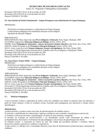 SECRETARIA DE ESTADO DA EDUCAÇÃO
                              Anexo 10 - Programas e bibliografias recomendadas
Resolução CNE/CEB nº 03 de 10 de novembro de 1999.
Resolução CNE/CEB nº07 de 14 de dezembro de 2010.
Parecer CEED/RS nº 383/2002.

5.5. Anos Iniciais do Ensino Fundamental – Língua Portuguesa com conhecimento de Língua Kaingang

PROGRAMA:

       Proficiência em língua portuguesa e conhecimentos de língua kaingang
       Conhecimentos pedagógicos da modalidade educação escolar indígena
       legislação da educação indígena.

BIBLIOGRAFIA:
BERGAMASCHI, Maria Aparecida (org) Povos Indígenas e Educação. Porto Alegre, Mediação, 2008
CLAUDINO, Zaqueu Key Educação Indígena em Diálogo. Pelotas, UFPel, 2010.
FREIRE, Paulo Pedagogia da Autonomia – saberes necessários à prática educativa. São Paulo, Paz e Terra, 1996.
INÁCIO, Andila Nĩvygsãnh et alii Pensando a Educação Kaingang. Pelotas, UFPel, 2010.
SILVA, Aracy Lopes da et alii Crianças Indígenas: Ensaios Antropológicos. São Paulo, Global, 2002.
Convenção nº 169 da Organização Internacional do Trabalho sobre Povos Indígenas e Populações Tribais.
Resolução CNE/CEB nº 03 de 10 de novembro de 1999.
Resolução CNE/CEB nº07 de 14 de dezembro de 2010.
Parecer CEED/RS nº 383/2002.

5.6..Anos Finais e Ensino Médio - Língua Kaingang
PROGRAMA:
     Proficiência em língua portuguesa e conhecimentos de língua kaingang
     Conhecimentos pedagógicos da modalidade educação escolar indígena
     Legislação da educação indígena.

 BIBLIOGRAFIA:
BERGAMASCHI, Maria Aparecida (org) Povos Indígenas e Educação. Porto Alegre, Mediação, 2008
CLAUDINO, Zaqueu Key Educação Indígena em Diálogo. Pelotas, UFPel, 2010.
FREIRE, Paulo Pedagogia da Autonomia – saberes necessários à prática educativa. São Paulo, Paz e Terra, 1996.
INÁCIO, Andila Nĩvygsãnh et alii Pensando a Educação Kaingang. Pelotas, UFPel, 2010.
SILVA, Aracy Lopes da et alii Crianças Indígenas: Ensaios Antropológicos. São Paulo, Global, 2002.
Convenção nº 169 da Organização Internacional do Trabalho sobre Povos Indígenas e Populações Tribais.
Resolução CNE/CEB nº 03 de 10 de novembro de 1999.
Resolução CNE/CEB nº07 de 14 de dezembro de 2010.
Parecer CEED/RS nº 383/2002.

5.7.      Matérias Pedagógicas

A prova pretende verificar a capacidade de análise crítica dos candidatos em relação às questões atuais da educação, a
partir de várias situações vividas no cotidiano escolar, buscando ações pedagógicas que aprimorem a relação ensino-
aprendizagem.

PROGRAMA:
A prática docente e a gestão escolar como fator de aperfeiçoamento do trabalho coletivo.
O currículo e a globalização do conhecimento: impasses e polêmicas entre conteúdo e metodologia na sala de aula.
A avaliação e o processo de ensino e aprendizagem: em busca de uma coerência e integração.
O processo de avaliação do desenvolvimento e do desempenho escolar como instrumento de análise e de
acompanhamento, intervenção e reorientação da ação pedagógica e dos avanços da aprendizagem dos alunos.
O cotidiano escolar: A construção de valores de uma vida cidadã que possibilita aprender e socializar saberes,
desenvolver atitudes cooperativas, solidárias e responsáveis;
A ação coletiva e o diálogo com a comunidade educativa como fator de fortalecimento institucional para a promoção da
cidadania;
                                                                                                                   20
 