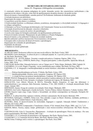SECRETARIA DE ESTADO DA EDUCAÇÃO
                            Anexo 10 - Programas e bibliografias recomendadas
A construção coletiva da proposta pedagógica da escola: demandas sociais, das características multiculturais e das
expectativas dos alunos e dos pais, como fator de aperfeiçoamento da prática docente e da gestão escolar.
Desenvolvimento e Sustentabilidade: caminho possível? Os Problemas Ambientais de dimensão global.
A inclusão da pessoa com deficiência.
Organização dos tempos e espaços escolares.
A experiência social dos alunos e o cotidiano.
A biodiversidade brasileira: as diferenças culturais, econômicas, miscigenação e a diversidade territorial. A linguagem e
os códigos cartográficos.
A Educação e as Novas Tecnologias da Informação e da Comunicação: Ensinar na era da Informação;
A formação do profissional da educação: conceitos e dimensões.
Gestão Escolar para o sucesso do ensino e da aprendizagem.
A escola como espaço de formação continuada e de aperfeiçoamento profissional;
O desenvolvimento curricular: Planejamento da ação didática e o Projeto Pedagógico;
Desenvolvimento e crise ambiental: O dilema da sociedade moderna.
Questão ambiental e política internacional: Posicionamentos e divergências.
Concepção sobre os processos de desenvolvimento e aprendizagem;
Organização dos conteúdos de aprendizagem;
Finalidades da educação.
- Cidadania no mundo globalizado

 BIBLIOGRAFIA:
ALARCÃO, Isabel. Professores reflexivos em uma escola reflexiva. São Paulo: Cortez, 2003.
BRANDÃO, Carlos Rodrigues. A cultura do povo e a educação popular. In: A questão política da educação popular. 2a.
ed. São Paulo: Brasiliense, 1980.
BRANDAO, C. R. ; ALVES, Rubem . Encantar o mundo pela palavra. Campinas: Papirus, 2006. 123 p.
BRANDAO, C. R. (Org.) ; STRECK, Danilo (Org.) . Pesquisa participante: o saber da partilha. Aparecida: Idéias &
Letras, 2006. 295 p.
CARVALHO, Rosita Edler. Educação Inclusiva: com os "pingos nos is". Porto Alegre, Mediação, 2004, Capítulo 10.
CASTORINA, J.A. et alii. Piaget e Vigostsky - novas contribuições para o debate. São Paulo: Ed Atica, 2001.
FAZENDA, I. C. A. Integração e interdisciplinaridade no ensino brasileiro: efetividade ou ideologia? São Paulo: Loyola,
1979.
________. Práticas Interdisciplinares na Escola. 2ª Edição, São Paulo: Cortez, 1993.
________. Interdisciplinaridade: História, teoria e pesquisa. Campinas, SP. Papirus,1994.
________. A virtude da força nas práticas interdisciplinares. Campinas, SP. Papirus,1999.
FREIRE, PAULO. Pedagogia da Autonomia: saberes necessários à prática educativa, RJ: Paz e Terra, 2000.
FREITAS, Luiz Carlos de. Ciclos, Seriação e Avaliação: Confrontos de Lógicas, SP, Moderna, 2003.
GONÇALVES, Luiz Alberto Oliveira & SILVA, Petronilha Beatriz Gonçalves. O jogo das diferenças: o
multiculturalismo e seu contextos. Belo Horizonte; Autêntica, 3ª Ed., 2001 HADJI, C. Avaliação desmistificada. Porto
Alegre: Artmed, 2001.
HOFFMANN, Jussara. O jogo do contrário em avaliação. Porto Alegre: Mediação, 2005.
LIBÂNEO, José Carlos. Organização e Gestão da Escola - Teoria e Prática. Editora Alternativa. 5 edição. Goiânia. 2004.
LOURO, Guacira Lopes (org). Corpo, Gênero e Sexualidade: um debate contemporâneo na Educação, Petrópolis RJ:
Vozes, 2003.
MORIN, E. A cabeça bem-feita: repensar a reforma, reformar o pensamento. Rio de Janeiro: Bertrand, 1999.
MUNANGA, Kabengele e GOMES, Nilma Lino. Para entender o negro no Brasil: Histórias, realidades, problemas e
Caminhos. São Paulo: Global Editora e Ação Educativa, 2004.
OLIVEIRA, Zilma. O desenvolvimento da motricidade, linguagem e cognição. Educação Infantil: Fundamentos e
Métodos. Ed. Cortez, 2002.
SACRISTÁN J.GIMENO, Compreender e Transformar o Ensino, 4ª Ed. Artmed, Porto Alegre, 2000 - cap. 2, 6, 7 e 8.
SANTOS, Milton. Técnica, espaço, tempo: globalização e meio técnico-científico informacional. São Paulo: Hucitec,
1997.
VASCONCELLOS, Celso S. Vasconcellos. Planejamento - Avaliação da aprendizagem: Práxis de mudança - Por uma
práxis transformadora, São Paulo: Libertad, 2003 .Cap.1
VYGOTSKY, L.S. A construção do pensamento e da linguagem. São Paulo: Martins Fontes, 2001.
VYGOSTSKY, L. S. Construção Social da Mente. São Paulo: Martins Fontes, 2002.
WEISZ,Telma. O diálogo entre o ensino e a aprendizagem. São Paulo, Ática 2000.
                                                                                                                      21
 