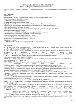 SECRETARIA DE ESTADO DA EDUCAÇÃO
                            Anexo 10 - Programas e bibliografias recomendadas
ZABALA, Antoni , Enfoque Globalizador e Pensamento Complexo - Uma proposta para o currículo escolar, Artmed
2002.

5.8.     LIBRAS
PROGRAMA:
O sujeito surdo: conceitos, cultura e relação histórica da surdez com a língua de sinais.
Libras como marcador identitário e cultural.
Alfabetização e letramento em Libras.
Formação de professores em língua de sinais.
Noções linguísticas de Libras: parâmetros, classificadores e intensificadores no discurso.
A gramática da língua de sinais: aspectos fonológicos, morfológicos, sintáticos e semânticos.
Universais linguísticos e as línguas de sinais.
Expressões faciais em Libras: modulações dos sinais, expressões gramaticais e expressões afetivas.
Bilinguismo: uma proposta de ensino
Português escrito e LIBRAS – implicações na formação do usuário competente.
Aspectos históricos e culturais da Surdez e da deficiência auditiva;
Classificação e etiologia da deficiência auditiva e surdez;
A escolarização da pessoa com deficiência auditiva e surdez;
Políticas educacionais e ensino de LIBRAS: Legislação
Bilinguismo e escola;
A LIBRAS e a educação de surdos na perspectiva da Educação Inclusiva;

BIBLIOGRAFIA
BRASIL. Decreto nº. 5626. Regulamenta a Lei nº. 10436, de 24 de abril de2002, e o artigo 18 da Lei no 10.098, de 19 de
dezembro de 2000. Brasília: SEESP/MEC, 2005.
BRASIL. Ministério da Educação. Secretaria de Educação Especial. Política Nacional da Educação Especial na
Perspectiva          da         Educação         Inclusiva.          MEC         /SEESP,        Brasília,        2008.
BRITO, L. F. Por uma gramática de Línguas de Sinais. Rio de Janeiro: Tempo Brasileiro,1995.
CAPOVILLA, Fernando César, Raphael, Walkiria Duarte:Dicionário Enciclopédico Ilustrado
Trilíngue da Língua de Sinais Brasileira.USP,2001.
FELIPE, T. A. LIBRAS em contexto: curso básico, livro do estudante cursista. Brasília: Programa Nacional de Apoio à
Educação de Surdos, MEC; SEESP, 2001.
FERNANDES, E. Problemas linguísticos e cognitivos do surdo. Rio de Janeiro:AGIR, 1990.
_______.            Linguagem           e         surdez.           Porto        Alegre:        Artmed,          2003.
FERREIRA-BRITO, L. Por uma gramática de língua de sinais. Rio de Janeiro: Tempo Brasileiro,1995.
_______. Integração social & educação de surdos. Rio de Janeiro: Babel,1993. In: GOES, Maria Cecília Rafael de.
Linguagem, surdez e Comunicação. Campinas: Autores Associados, 1999.Grupo de Estudos Surdos e Educação. ETD -
Educação Temática Digital, Campinas, v.7, n.2, p.14-23, jun. 2006 - ISSN: 1676-2592.
HARLAN Lane: A Máscara da Benevolência, a Comunidade Surda Amordaçada. HorizontesPedagógicos,1997.
LACERDA, Cristina B F e Góes MCR (org.) Surdez -Processos Educativos e Subjetividade. São Paulo: Editora Lovise
LTDA, 2000.p.23 - 28.
_________. “A inclusão escolar de alunos surdos: o que dizem alunos, professores e intérpretes sobre esta experiência”.
Cadernos CEDES, 69, vol.26, p.163-184, 2006.
Libras em Contexto - Curso básico. Livro do Aluno. FENEIS / MEC, 1997.LODI, A. C.
PEREIRA, M.C.C.; NAKASATO, R. Narrativas infantis em Língua Brasileira de Sinais. Letras de hoje. Porto Alegre, v.
39, nº 3, 2004, 273-284.
 ______. Especificidades das narrativas em Língua de Sinais Brasileira. Anais do III Congresso Internacional da
ABRALIN.Rio         de    Janeiro:Universidade     Federal    Fluminense.     Publicado    em   CD,     2003,457-460
QUADROS, Ronice .M.; KARNOPP, L.B. Língua de Sinais Brasileira – estudos linguísticos. Porto Alegre,
RS.:ARTMED, 2004.
__________. Educação de Surdos: a Aquisição da Linguagem. Porto Alegre: Artes Médicas, 2005.
__________.       (org..)   Estudos     Surdos    I.    Petrópolis,     Rio   de    Janeiro:  Arara     Azul,    2006.
__________. (org.) Estudos Surdos II. Petrópolis, Rio de Janeiro: Arara Azul,2007.
SACKS, Oliver: Vendo Vozes: uma viagem ao mundo dos surdos, São Paulo:Companhia das Letras, 1998 SÃO PAULO
(SP).

                                                                                                                    22
 