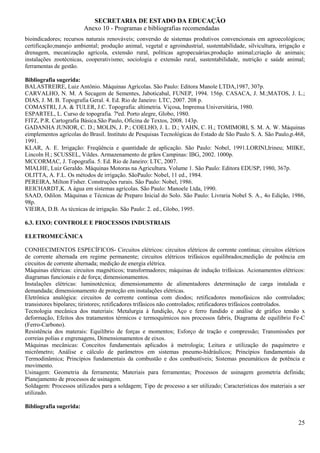 SECRETARIA DE ESTADO DA EDUCAÇÃO
                         Anexo 10 - Programas e bibliografias recomendadas
bioindicadores; recursos naturais renováveis; conversão de sistemas produtivos convencionais em agroecológicos;
certificação;manejo ambiental; produção animal, vegetal e agroindustrial, sustentabilidade, silvicultura, irrigação e
drenagem, mecanização agrícola, extensão rural, políticas agropecuárias;produção animal;criação de animais;
instalações zootécnicas, cooperativismo; sociologia e extensão rural, sustentabilidade, nutrição e saúde animal;
ferramentas de gestão.

Bibliografia sugerida:
BALASTREIRE, Luiz Antônio. Máquinas Agrícolas. São Paulo: Editora Manole LTDA,1987, 307p.
CARVALHO, N. M. A Secagem de Sementes, Jaboticabal, FUNEP, 1994. 156p. CASACA, J. M.;MATOS, J. L.;
DIAS, J. M. B. Topografia Geral. 4. Ed. Rio de Janeiro: LTC, 2007. 208 p.
COMASTRI, J.A. & TULER, J.C. Topografia: altimetria. Viçosa, Imprensa Universitária, 1980.
ESPARTEL, L. Curso de topografia. 7ªed. Porto alegre, Globo, 1980.
FITZ, P.R. Cartografia Básica.São Paulo, Oficina de Textos, 2008. 143p.
GADANHA JUNIOR, C. D.; MOLIN, J. P.; COELHO, J. L. D.; YAHN, C. H.; TOMIMORI, S. M. A. W. Máquinas
eimplementos agrícolas do Brasil. Instituto de Pesquisas Tecnológicas do Estado de São Paulo S. A. São Paulo,p.468,
1991.
KLAR, A. E. Irrigação: Freqüência e quantidade de aplicação. São Paulo: Nobel, 1991.LORINI,Irineu; MIIKE,
Lincoln H.; SCUSSEL, Vildes. Armazenamento de grãos Campinas: IBG, 2002. 1000p.
MCCORMAC, J. Topografia. 5. Ed. Rio de Janeiro: LTC, 2007.
MIALHE, Luiz Geraldo. Máquinas Motoras na Agricultura. Volume 1. São Paulo: Editora EDUSP, 1980, 367p.
OLITTA, A. F.L. Os métodos de irrigação. SãoPaulo: Nobel, 11 ed., 1984.
PEREIRA, Milton Fisher. Construções rurais. São Paulo: Nobel, 1986.
REICHARDT,K. A água em sistemas agrícolas. São Paulo: Manoele Ltda, 1990.
SAAD, Odilon. Máquinas e Técnicas de Preparo Inicial do Solo. São Paulo: Livraria Nobel S. A., 4o Edição, 1986,
98p.
VIEIRA, D.B. As técnicas de irrigação. São Paulo: 2. ed., Globo, 1995.

6.3. EIXO: CONTROLE E PROCESSOS INDUSTRIAIS

ELETROMECÂNICA

CONHECIMENTOS ESPECÍFICOS- Circuitos elétricos: circuitos elétricos de corrente contínua; circuitos elétricos
de corrente alternada em regime permanente; circuitos elétricos trifásicos equilibrados;medição de potência em
circuitos de corrente alternada; medição de energia elétrica.
Máquinas elétricas: circuitos magnéticos; transformadores; máquinas de indução trifásicas. Acionamentos elétricos:
diagramas funcionais e de força; dimensionamentos.
Instalações elétricas: luminotécnica; dimensionamento de alimentadores determinação de carga instalada e
demandada; dimensionamento de proteção em instalações elétricas.
Eletrônica analógica: circuitos de corrente contínua com diodos; retificadores monofásicos não controlados;
transistores bipolares; tiristores; retificadores trifásicos não controlados; retificadores trifásicos controlados.
Tecnologia mecânica dos materiais: Metalurgia à fundição, Aço e ferro fundido e análise de gráfico tensão x
deformação, Efeitos dos tratamentos térmicos e termoquímicos nos processos fabris, Diagrama de equilíbrio Fe-C
(Ferro-Carbono).
Resistência dos materais: Equilíbrio de forças e momentos; Esforço de tração e compressão; Transmissões por
correias polias e engrenagens, Dimensionamentos de eixos.
Máquinas mecânicas: Conceitos fundamentais aplicados à metrologia; Leitura e utilização do paquímetro e
micrômetro; Análise e cálculo de parâmetros em sistemas pneumo-hidráulicos; Princípios fundamentais da
Termodinâmica; Princípios fundamentais da combustão e dos combustíveis; Sistemas pneumáticos de potência e
movimento.
Usinagem: Geometria da ferramenta; Materiais para ferramentas; Processos de usinagem geometria definida;
Planejamento de processos de usinagem.
Soldagem: Processos utilizados para a soldagem; Tipo de processo a ser utilizado; Características dos materiais a ser
utilizado.

Bibliografia sugerida:

                                                                                                                  25
 
