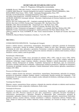 SECRETARIA DE ESTADO DA EDUCAÇÃO
                         Anexo 10 - Programas e bibliografias recomendadas
HARBOR, Royced; PHILLIPS, Charles L. Sistemas de Controle e Realimentação. Makron, 1996.
CAMPOS, Mário Massa de. Sistemas Inteligentes em controle e Automação. CIENCIA MODERNA, 2004.
BONACORSO, Nelso Gauze; NOLL, Valdir. Automação Eletropneumática. Érica, 1997.
FIALHO, Arivelto Bustamente. Automação Pneumática. Èrica, 2003.
SILVIERA, Paulo Rogério da; / SANTOS, Winderson E. Automação e Controle Discreto. Érica, 2002.
GEORGINI, MARCELO Automação Aplicada – Descrição e Implementação de Sistemas Seqüenciais com PLCs - 5ª
Edição. Érica, 2001.
SOUZA, Davi José. Desbravando o PIC – Ampliado e atualizado.São Paulo: Érica, 2003.
SOUZA, Davi José; LAVINIA, Nicolas César; Conectando o PIC, .São Paulo: Érica, 2001.
PEREIRA, Fábio. Microcontroladores PIC – Programação em C .São Paulo: Érica, 2001
PEREIRA, Fábio. Microcontroladores PIC – Técnicas Avançadas .São Paulo: Érica, 2002
MIZRAHI, Viviane. Treinamento em linguagem C: módulos 1, 2 e avançado. São Paulo: McGraw-Hill, 1990.
MIZRAHI, Viviane. Treinamento em linguagem C: módulo profissional. São Paulo: Makron Books, 1993.
CIPELLI, Antônio M. Vicari; SANDRINI, W. João. Teoria e desenvolvimento de Projetos de Circuitos. São Paulo:
Érica, 2004.
WERNECK, Marcelo Martins.Transdutores e Interfaces. 1ª ed. LTC, 1996


MECÂNICA

CONHECIMENTOS ESPECÍFICOS – Tecnologias de Usinagem
Ensaios e análises técnicas: características, nomenclatura, funcionamento e aplicações, geometria de ferramentas,
limpeza e conservação e destino de resíduos; Lubrificantes e fluídos de corte: tipos, aplicações, características;
Ferramentas de corte: tipos, aplicações e geometrias; Ferramentas e elementos mecânicos: características, tipos e
aplicações; Materiais: características físicas, químicas dos materiais utilizados na indústria metal mecânica; Esforços
mecânicos: vetores, estática, centro de gravidade.

Normalização e Padronização
Segurança e higiene do trabalho: riscos, prevenção de acidentes, EPIs e EPCs, mapa de riscos, CIPA, GEPA;
Desenho Técnico: leitura e interpretação de perspectivas, vistas essenciais, corte, escalas, cotagem, indicação de
tolerâncias, simbologia, croquis, conjuntos, métodos e processos, Medição e controle dimensional: conversão de
unidades, Sistema Internacional de medidas, Vocabulário Internacional de Metrologia, tipos de instrumentos,
aplicações e medição; medição por coordenadas - tridimensional, tolerâncias geométricas, calibração de instrumentos;
Ferramentas da qualidade: conceitos e aplicações. Controle dimensional: normas técnicas, aplicações, características e
medição, CEP e MSA.

Processos de Fabricação e Controle
Ensaios e análises técnicas dos processos: características, nomenclatura, funcionamento, aplicações de usinagem,
geometria de ferramentas, soldagem, fundição, injeção e conformação; Desenho assistido por computador - CAD
(modelamento 3D, vistas essenciais, cortes, cotagem, escalas, indicação de tolerâncias, simbologia, perspectivas, vista
explodida, conjuntos).

Tecnologia dos Materiais
Materiais: ensaios, características físicas, químicas e obtenção dos materiais utilizados na indústria metal mecânica;
Esforços mecânicos: tração, compressão, cisalhamento, flexão, torção.
Automação de Processos
Simulações de processos mecânicos: características, nomenclatura, funcionamento, programação e aplicação de
máquinas com CNC; Processos especiais de corte: tipos, características e aplicações; Inovações Tecnológicas:
características, funcionamento e aplicações; Princípios de Manutenção: tipos, características, princípios de
manutenção e aplicações; Sistemas de Automação: conceitos, componentes, aplicações, características; Eletricidade:
grandezas elétricas, circuitos elétricos, sistemas monofásicos e trifásicos, componentes elétricos; Produção mais
limpa: seleção de matéria prima, resíduos industriais, normas ambientais, uso racional de energia e dos recursos
naturais.

                                                                                                                    28
 