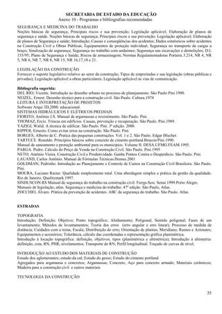 SECRETARIA DE ESTADO DA EDUCAÇÃO
                         Anexo 10 - Programas e bibliografias recomendadas
SEGURANÇA E MEDICINA DO TRABALHO
Noções básicas de segurança; Principais riscos e sua prevenção; Legislação aplicável; Elaboração de planos de
segurança e saúde. Noções básicas de segurança; Principais riscos e sua prevenção; Legislação aplicável; Elaboração
de planos de Segurança e saúde; Introdução; Causas e conseqüências dos acidentes; Dados estatísticos sobre acidentes
na Construção Civil e Obras Públicas; Equipamentos de proteção individual; Segurança no transporte de cargas a
braço; Sinalização de segurança; Segurança no trabalho com andaimes; Segurança nas escavações e demolições; D.L
155/95; Plano de Segurança e Saúde; Riscos de armazenagem; Normas Regulamentadoras Portaria 3.214, NR 4, NR
5, NR 6, NR 7, NR 8, NR 15, NR 16,17,18 e 21.

LEGISLAÇÃO DA CONSTRUÇÃO
Fornecer o suporte legislativo relativo ao setor da construção; Tipos de empreitadas e sua legislação (obras públicas e
privadas); Legislação aplicável a obras particulares; Legislação aplicável às vias de comunicação.

Bibliografia sugerida:
DEL RIO; Vicente. Introdução ao desenho urbano no processo de planejamento. São Paulo Pini.1990.
NEIZEL, Ernest. Desenho técnico para a construção civil. São Paulo. Cultura.1974
LEITURA E INTERPRETAÇÃO DE PROJETOS
Software Arqui 3D.2000. educacional.
SISTEMAS HIDRÁULICOS E ELÉTRICOS PREDIAIS
FIORITO; Antônio J.S. Manual de argamassas e revestimento. São Paulo. Pini.
THOMAZ, Ercio. Trincas em edifícios. Causas, prevenção e recuperação. São Paulo. Pini.1989.
YAZIGI, Walid. A técnica de edificar. São Paulo. Pini. 3ª edição. 2000.
RIPPER, Ernesto. Como evitar erros na construção. São Paulo. Pini.
BORGES; Alberto de C. Pratica das pequenas construções. Vol. 1 e 2. São Paulo. Edgar Blucher.
TARTUCE. Ronaldo. Príncipios básicos sobre concreto de cimento portland.Ibracon/Pini.1990.
Manual de saneamento e proteção ambiental para os municípios. Volume II. DESA.UFMG.FEAM.1995.
PARGA. Pedro. Cálculo do Preço de Venda na Construção Civil. São Paulo. Pini.1995
NETO; Antônio Vieira. Construção Civil e Produtividade. Ganhe Pontos Contra o Desperdício. São Paulo. Pini.
LAUAND, Carlos Antônio. Manual de Fórmulas Técnicas.Hemus.2001
GOLDMAN; Pedrinho. Introdução ao Planejamento e Controle de Custos na Construção Civil Brasileira. São Paulo.
Pini.
MOURA, Luciano Raizer. Qualidade simplesmente total. Uma abordagem simples e prática da gestão da qualidade.
Rio de Janeiro. Qualitymark.1997.
SINDUSCON.RS Manual de segurança do trabalho na construção civil. Fiergs.Sesi. Senai.1999.Porto Alegre.
Manuais de legislação, atlas. Segurança e medicina do trabalho. 47º edição. São Paulo, Atlas.
ZOCCHIO, Álvaro. Prática da prevenção de acidentes. ABC da segurança do trabalho. São Paulo. Atlas.


ESTRADAS

TOPOGRAFIA
Introdução; Definição; Objetivo; Ponto topográfico; Alinhamento; Poligonal; Sentido poligonal; Fases de um
levantamento; Métodos de levantamentos; Teoria dos erros (erro angular e erro linear); Processo de medida de
distância; Cuidados com a trena; Escala; Distribuição do erro; Orientação de plantas; Meridiano; Rumos e Azimutes;
Equipamentos e acessórios; Tolerância, cálculo das coordenadas e representação gráfica planimétrica.
Introdução à locação topográfica: definição, objetivos, tipos (planimétrica e altimétrica); Introdução à altimetria:
definição, cota, RN, PHR, nivelamentos; Transporte de RN; Perfil longitudinal; Traçado de curvas de nível;

INTRODUÇÃO AO ESTUDO DOS MATERIAIS DE CONSTRUÇÃO
Estudo dos aglomerantes; estudo da cal; Estudo do gesso; Estudo do cimento portland
Agregados para argamassa e concretos; Argamassas; Concreto; Aço para concreto armado; Materiais cerâmicos;
Madeira para a construção civil e outros materiais

TECNOLOGIA DA CONSTRUÇÃO


                                                                                                                    35
 