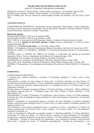 SECRETARIA DE ESTADO DA EDUCAÇÃO
                        Anexo 10 - Programas e bibliografias recomendadas
ORNELLAS, Lieselotte H. Técnica dietética: seleção e preparo de alimentos. 7.ed. São Paulo: Atheneu, 2001.
PHILIPPI, Sonia Tucunduva. Nutrição e Técnica Dietética. 1.ed. São Paulo: Editora Manole, 2003
SILVA JUNIOR, Eneo Alves da. Manual de controle higiênico-sanitário em alimentos. 6.ed. São Paulo: Varela,
2005.


ANÁLISES CLÍNICAS

CONHECIMENTOS ESPECÍFICOS Parasitologia: técnicas laboratoriais. Microbiologia: técnicas laboratoriais.
Imunologia: técnicas laboratoriais. Hematologia: técnicas laboratoriais. Bioquímica. Biologia molecular. Urinálise:
técnicas laboratoriais. Anatomia e fisiologia. Citopatologia.

Bibliografia sugerida
Resolução RDC/ANVISA nº 302, de 13 de outubro de 2005.
Resolução RDC/ANVISA nº 306, de 07 de dezembro de 2004.
NR 32 - MTE de 11 de novembro de 2005 (Segurança e Saúde no Trabalho em Estabelecimentos de Saúde).
LIMA, A. O. et al. Métodos de laboratório aplicados à clínica: técnica e interpretação. 8. ed. Rio de Janeiro:
Guanabara Koogan, 2001.
MOURA, R. A. Técnicas de laboratório. 3. ed. São Paulo: Atheneu, 2006.
HENRY, J. B. Diagnósticos Clínicos & Tratamento por Métodos Laboratoriais. São Paulo: Ed. Manole Ltda., 1999
MOURA, R., WADA, C.S., PURCHIO, A, ALMEIDA, V.T. Técnicas de Laboratório. São Paulo: Livraria Atheneu.,
3ª edição.
OLIVEIRA LIMA, A., SOARES, J.B., GRECO, J.B, GALIZZI, J., CANÇADO, J.R. Métodos de Laboratório
Aplicados à Clínica - Técnica e interpretação. Rio de Janeiro: Ed. Guanabara Koogan., 2001.
STRASINGER, S. K. Uroanálises dos Fluidos Biológicos. São Paulo: Ed. Premier.
STRASINGER, S.K. Uroanálise e Fluidos Biológicos. São Paulo: Editorial Premier, 3ª edição, 2000.
WALLACH, J.M.D. Interpretação de Exames de Laboratório. Editora Medica Cientifica Ltda., 7ª edição, 2003.
TEIXEIRA, P. Biossegurança - Uma abordagem multidisciplinar. Rio de Janeiro: Editora FIOCRUZ, 3ª reimpressão,
2002.


RADIOLOGIA

CONHECIMENTOS ESPECÍFICOS
1 Anatomia geral, sistêmica, esquelética e artrologia. 2 Terminologia radiológica. 2.1 Planos, cortes e linhas
corporais. 2.2
Posicionamento e posições do corpo humano de forma geral. 2.3 Posições específicas do corpo humano. 2.4
Princípios do posicionamento radiológico. 3 Física e produção das radiações ionizantes (Raios X). 3.1 O espectro dos
raios X. 3.2 Fatores que modificam o espectro dos raios X. 3.3 A produção de raios X. 3.4 O tubo de raios X e seus
componentes estruturais. 4
Princípios básicos da formação da imagem radiológica. 5 Proteção radiológica. 6 Dosimetria. 7 Meios antidifusores
das radiações ionizantes (raios X). 7.1 Diafragma, grade, cone, filtro e cilindro. 8 Técnica radiológica. 8.1 Kvp
(Kilovoltagem), Ma
(Miliamperagem), T (Tempo), D (Distância). 8.2 Componentes e tipos de chassis e Ecrans. 8.3 O filme radiológico.
8.4 Fatores de controle de qualidade da imagem radiológica. 8.5 Telas intensificadoras e fluorescentes. 8.6 Exposição
do paciente. 8.7
Métodos e componentes do processamento manual e automático do filme radiológico. 9 Anatomia radiológica
humana e rotina para exames radiológicos do(a): 9.1 Crânio e face. 9.2 Coluna vertebral. 9.3 Membros superiores. 9.4
Membros inferiores. 9.5
Tórax (Pulmões) e Caixa torácica (componentes ósseos e articulares). 9.6 Pelve e articulações. 9.7 Abdome. 9.8
Sistema gastrointestinal. 9.9 Vesícula biliar e ductos hepáticos. 9.10 Sistema urinário. 9.11 Orto-radiografia,
artrografia e mielografia. 10
Exames no traumatizado e radiografias em aparelhos portáteis. 11 Radiologia pediátrica. 12 Exames radiológicos
contrastados. 12.1 Meios de contraste. 12.2 Técnicas básicas e especiais do exame contrastado. 12.3 Precauções,
procedimentos e segurança do paciente no emprego de contrastes. 12.4 Contra-indicações e procedimentos genéricos.
13 Mamografia – Princípio de funcionamento dos equipamentos, seus componentes principais e posicionamento
básicos para a realização de exames. 14 Tomografia computadorizada - Princípio de funcionamento e seus
                                                                                                                  43
 