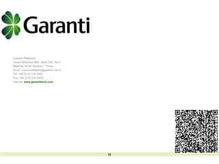 INVESTOR RELATIONS                       BRSA CONSOLIDATED EARNINGS PRESENTATION – 2011




Investor Relations
Levent Nispetiye Mah. Aytar Cad. No:2
Beşiktaş 34340 Istanbul – Turkey
Email: investorrelations@garanti.com.tr
Tel: +90 (212) 318 2352
Fax: +90 (212) 216 5902
Internet: www.garantibank.com




                                          33
 
